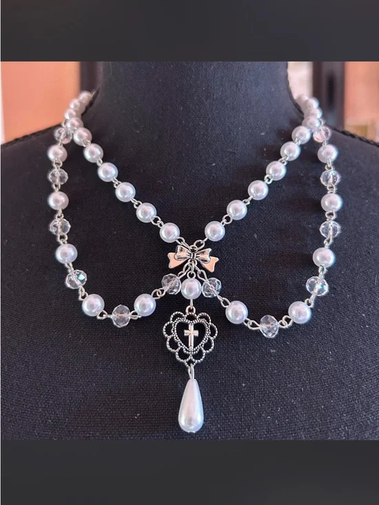 Pearl & Crystal Double Strand Necklace with Teardrop Pendant - Picture 2 of 2